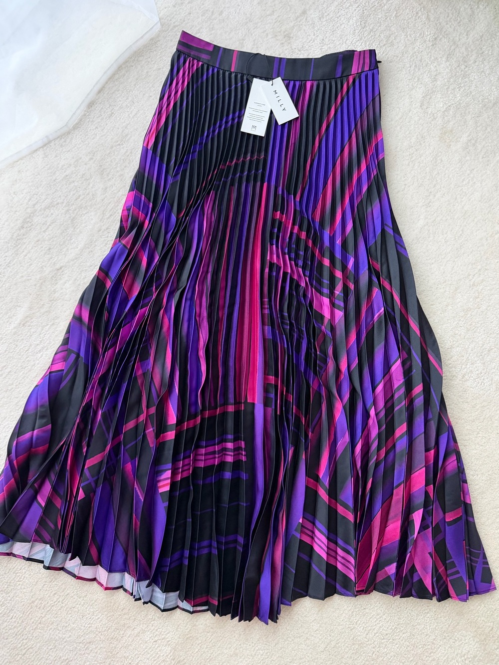 BNWT Milly Otha Patchwork Plaid Pleated Midi Skirt in Purple & Pink